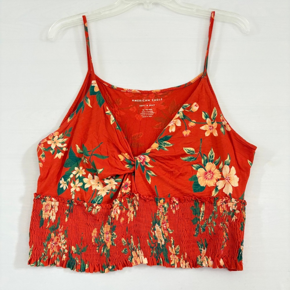 American Eagle Soft & Sexy Floral Twist Front Smocked Cami Tank Top Orange XL